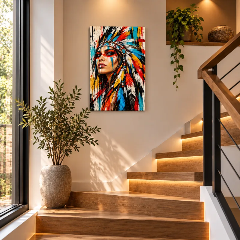 Tableau mural Amérindienne Colorée dans escalier