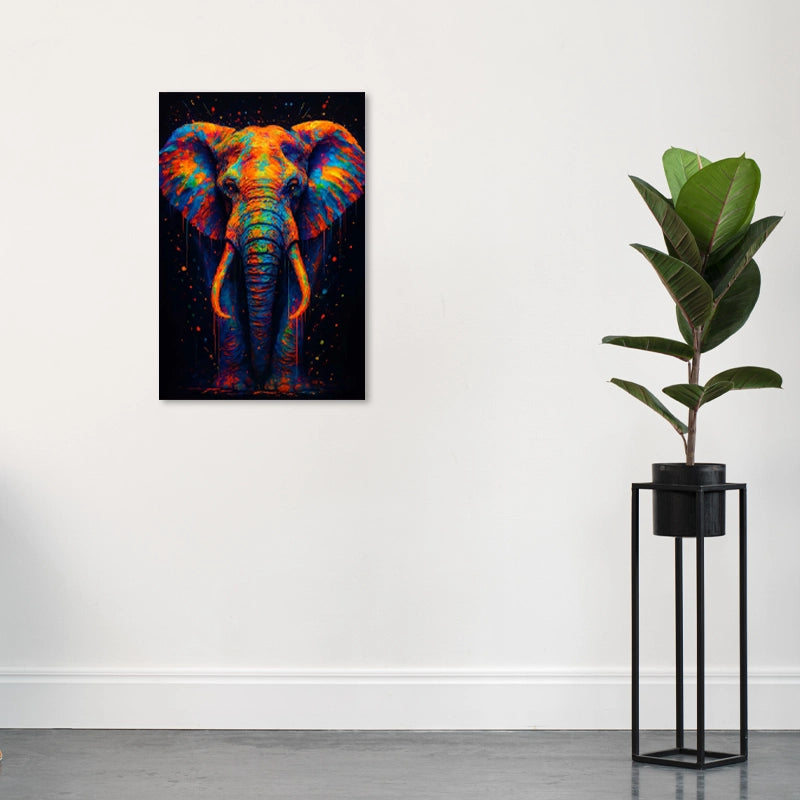 Tableau mural d'un Éléphant Coloré accroché dans une entrée