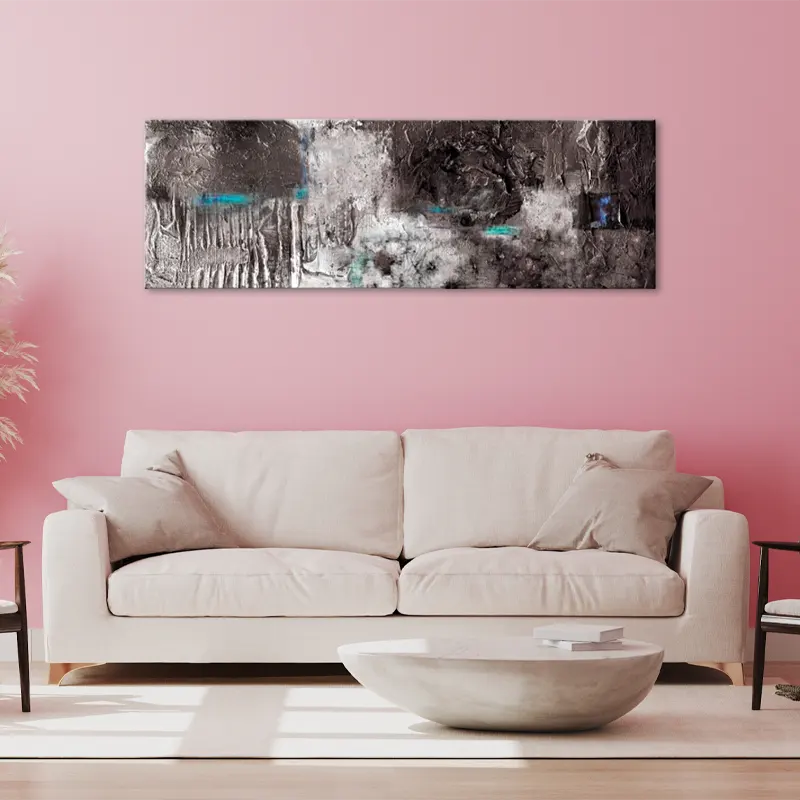 Tableau peint à la main d'une Peinture Argentée dans un salon - TabloDéco.fr