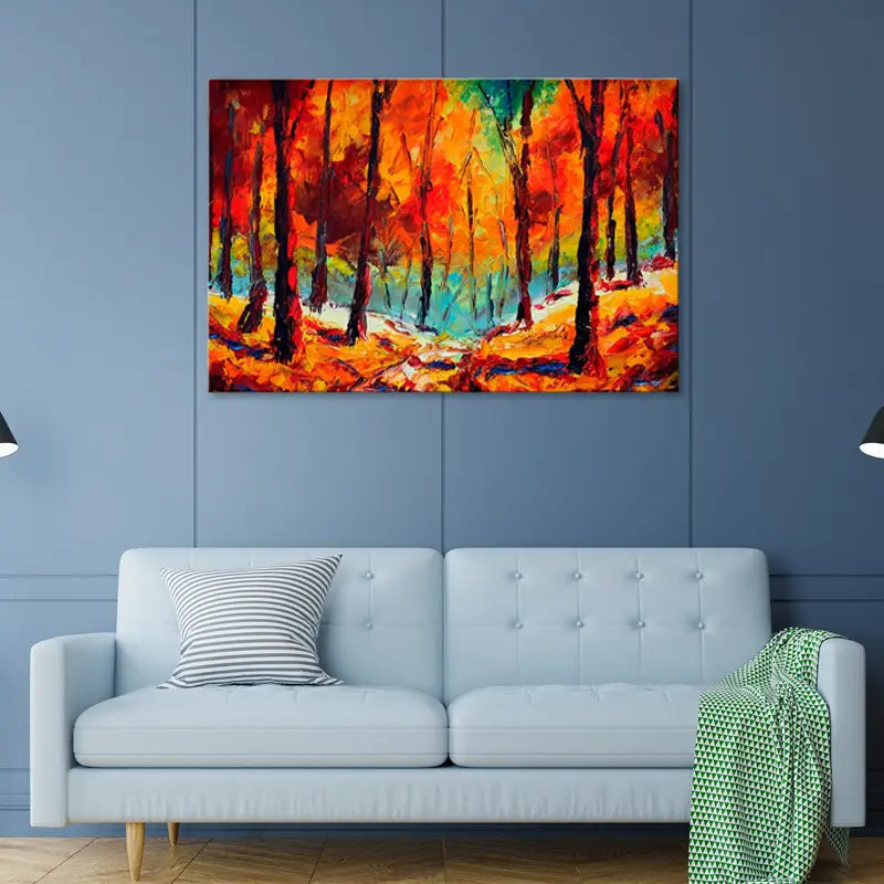 Tableau en Peinture d'une Forêt dans un salon - TabloDéco.fr
