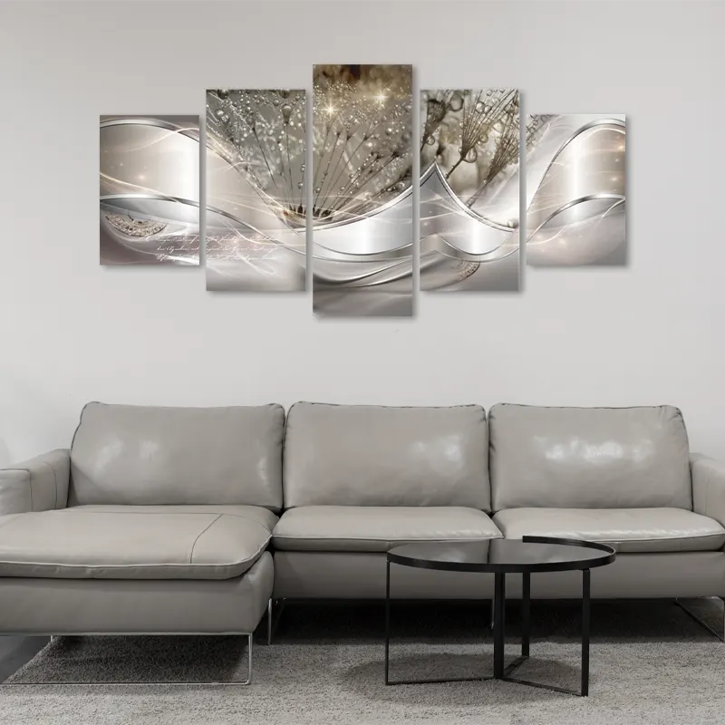 Tableau moderne en 5 panneaux avec des Pissenlits dans un salon - TabloDéco.fr