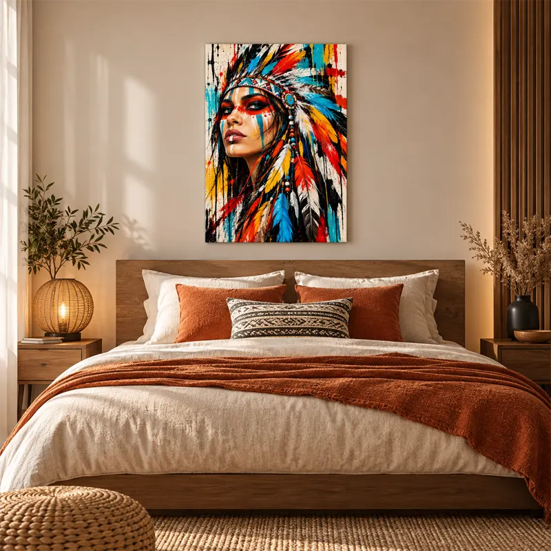 Tableau sur toile d'une Amérindienne Colorée dans une chambre