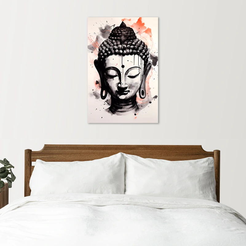 Tableau sur toile d'un Bouddha effet Encre de Chine dans une chambre
