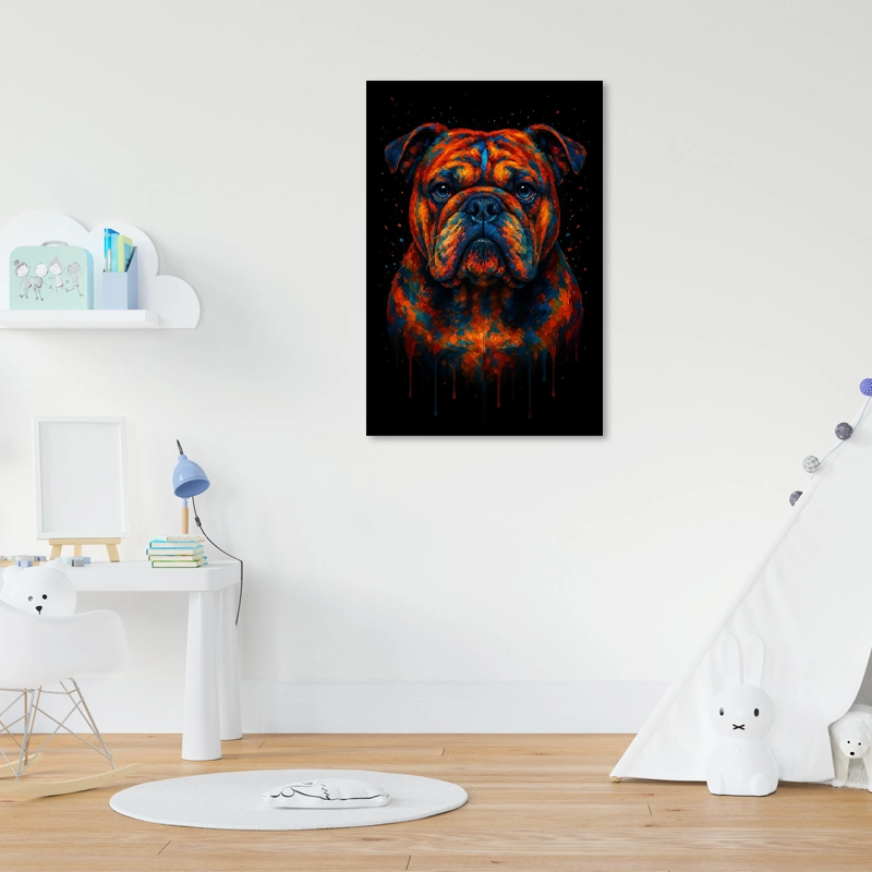 Tableau sur toiled'un Bulldog Multicolore accroché dans une chambre