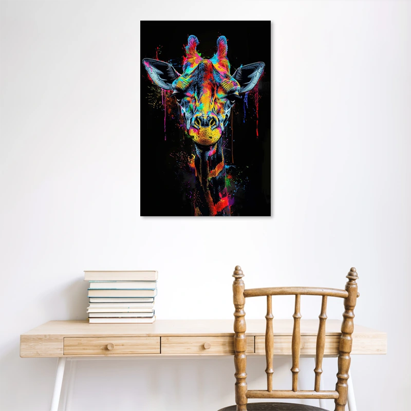 Tableau sur toile Girafe Multicolore Fond Noir