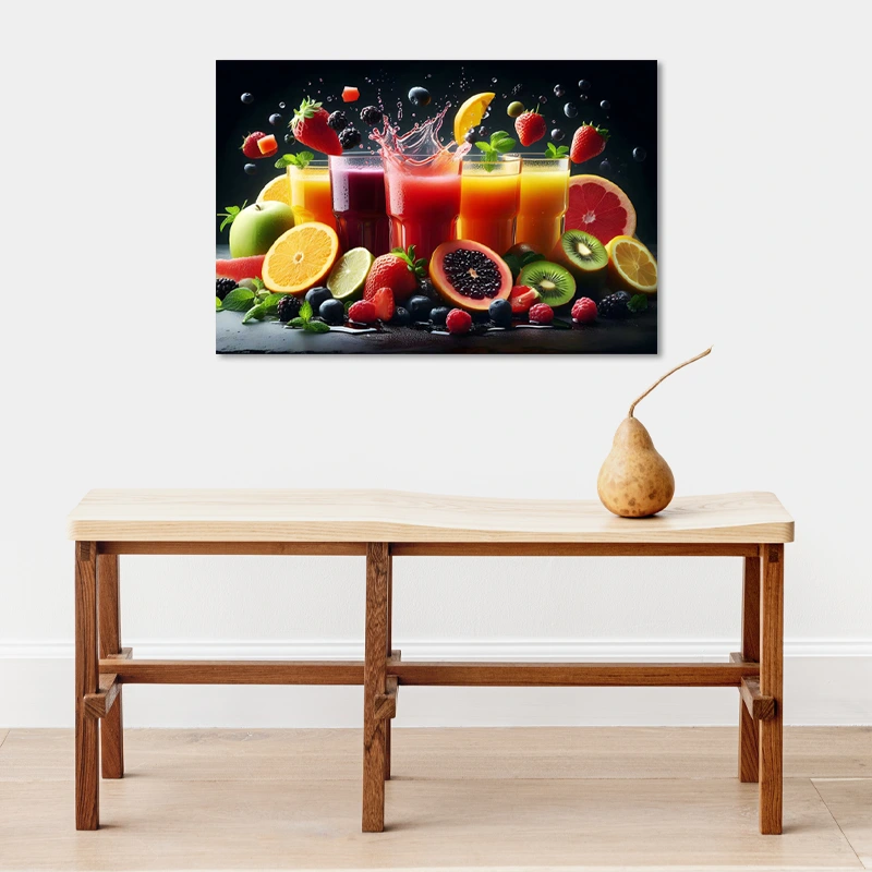 Tableau sur toile avec des Jus de Fruits Gourmands accroché dans une cuisine
