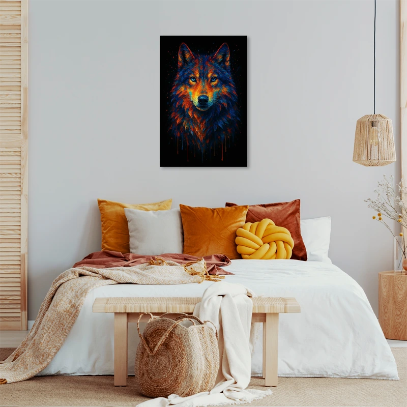 Tableau sur toile d'un Loup Flamboyant accroché dans une chambre