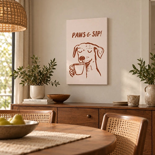 Tableau sur toile Paws & Sip, chien avec une tasse de café sur fond crème