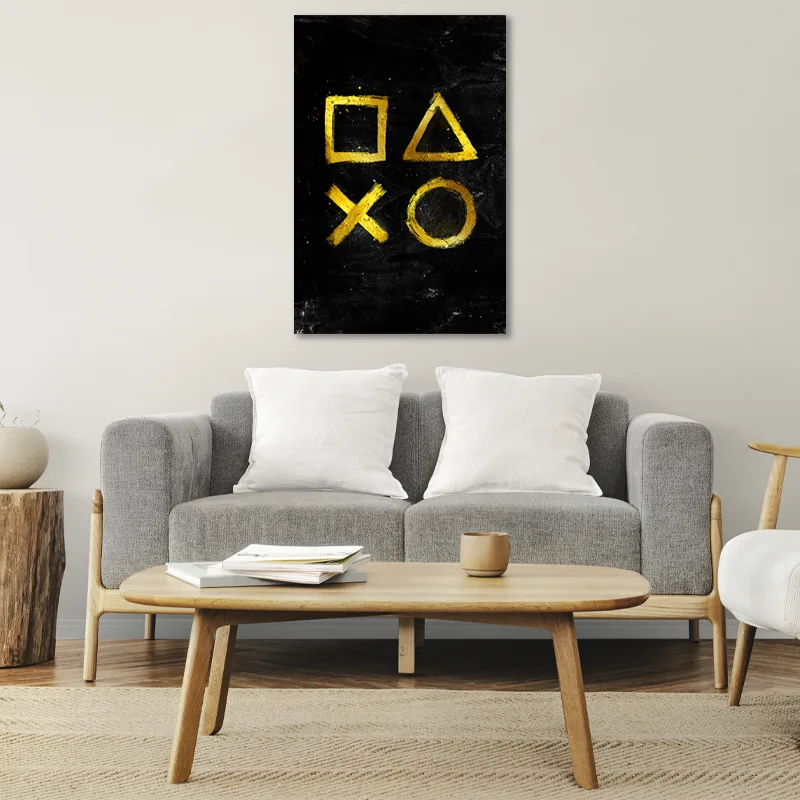 Tableau sur toile décorative avec les Symboles Playstation dans un salon - TabloDéco.fr