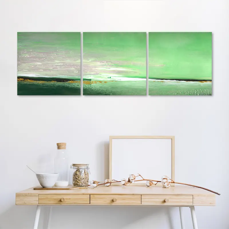 Toile murale en Triptyque Vert Peint à la main dans un bureau - TabloDéco.fr