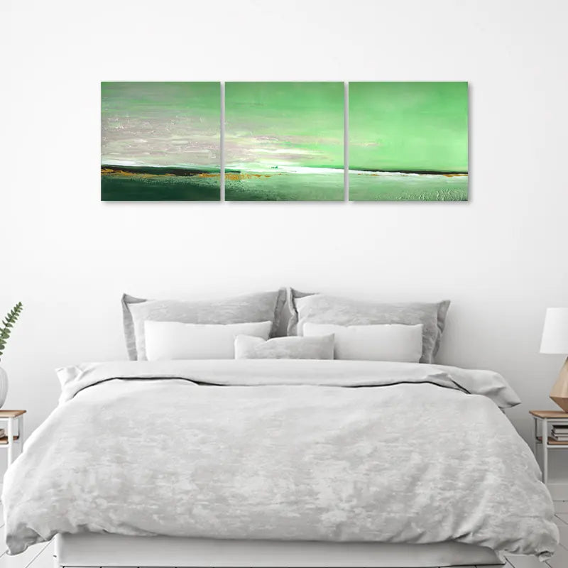 Triptyque Vert Peint à la main dans une chambre - TabloDéco.fr
