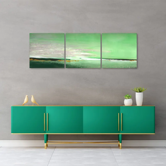 Tableau Triptyque Vert sur toile Peint à la main - TabloDéco.fr