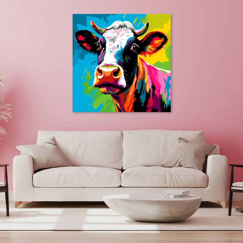 Toile Pop Art avec une Vache dans un salon - TabloDéco.fr