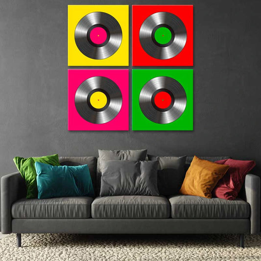 Toile de style Pop Art représentant des Vinyles sur fonds colorés - TabloDéco.fr