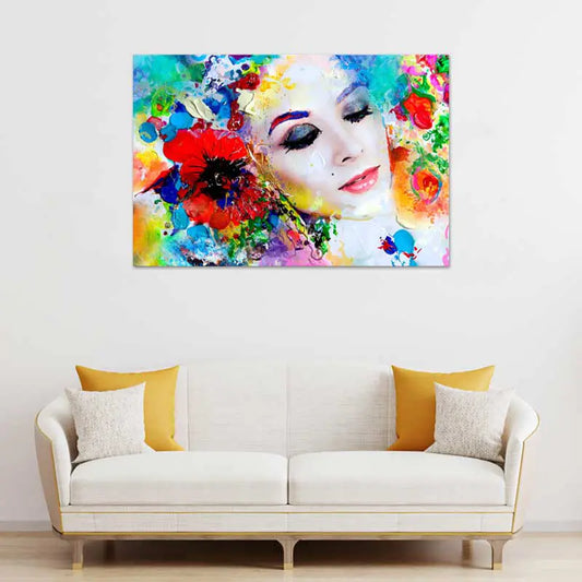 Toile décorative du Visage d'une Femme style Abstrait dans un salon - TabloDéco.fr