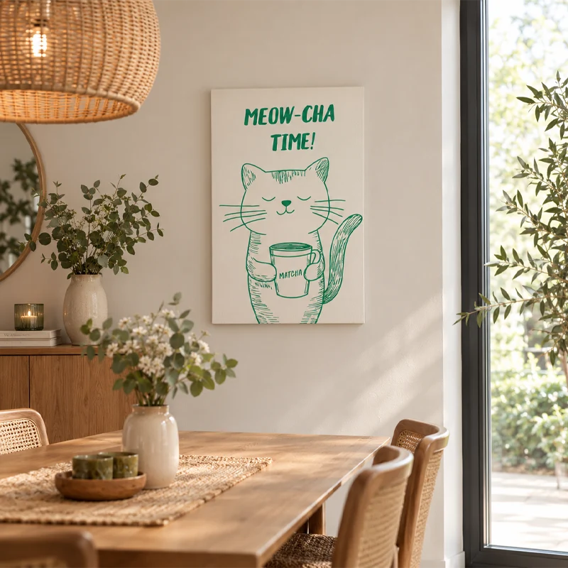 Toile déco Meow-Cha Time accrochée dans une salle à manger