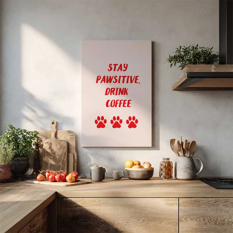 Toile déco Stay Pawsitive, Drink Coffee accroché dans une cuisine