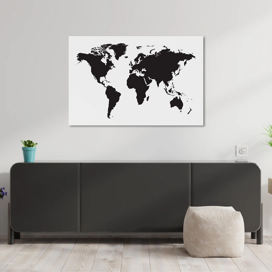Toile déco en liège - Carte du monde en Noir et Blanc