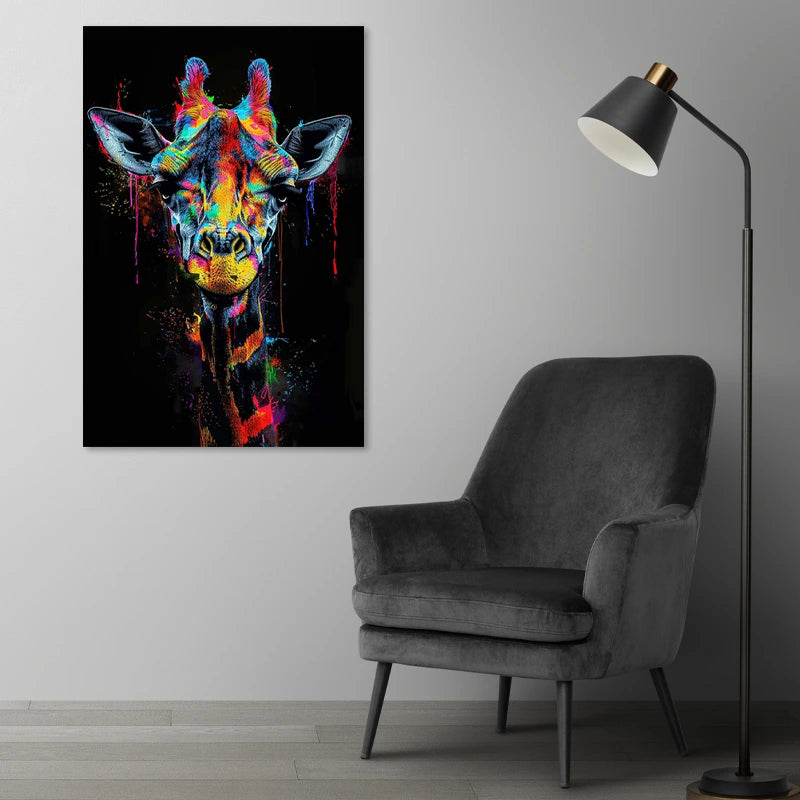 Toile Girafe Multicolore Fond Noir