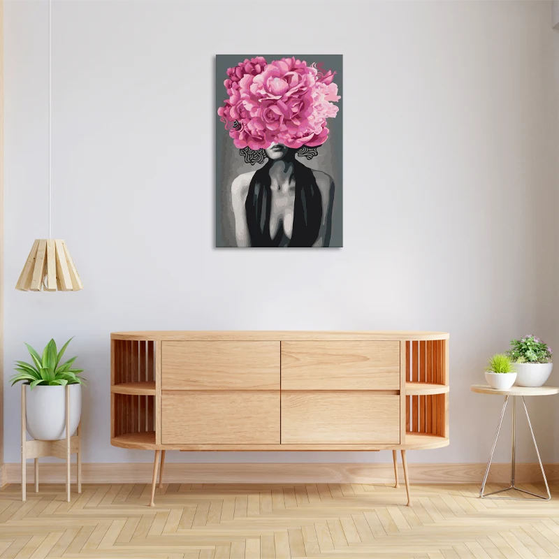 Toile numérotée avec une Femme et des Fleurs Roses