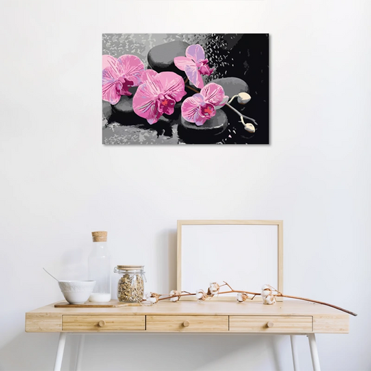 Toile numérotée à peindre au motif d'Orchidées Roses et de Galets Noirs