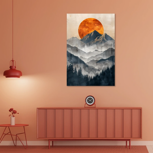 Toile décorative de style scandinave avec un soleil orangé au-dessus d'une montagne