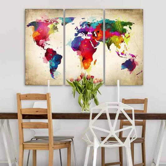 Tableau Triptyque Planisphère Couleurs Vives