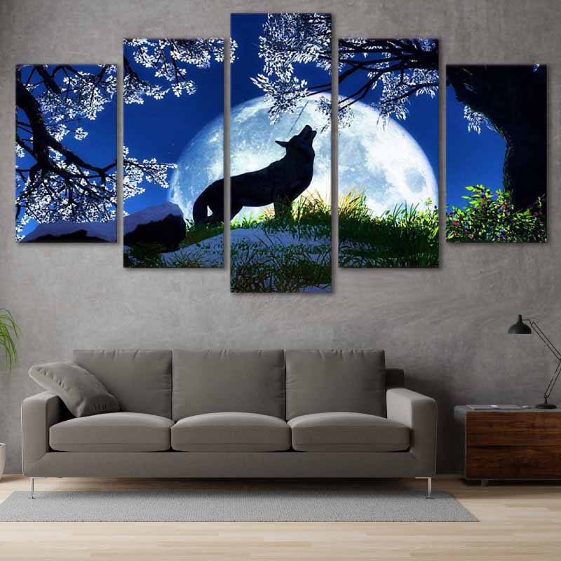 Tableau d'un Loup à la Pleine Lune en 5 panneaux