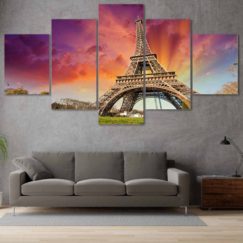Tableau en 5 parties de la Tour Eiffel au coucher du soleil