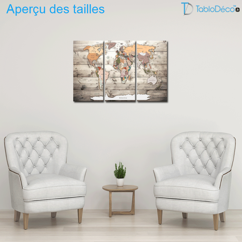 Aperçu des tailles du Tableau en liège - Carte du Monde en 3 parties