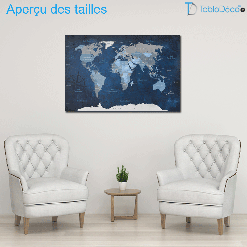 Aperçu des tailles du Tableau en liège - Carte du Monde Bleu Profond