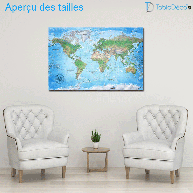 Aperçu des tailles du Tableau en liège - Carte du Monde Classique