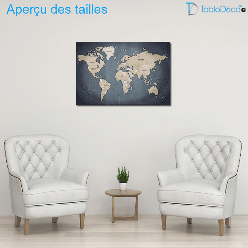 Aperçu des tailles Tableau en liège - Carte du Monde nuances de bleu