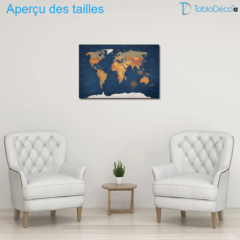 Aperçu des tailles du Tableau en liège - Carte du Monde Océans Bleutés