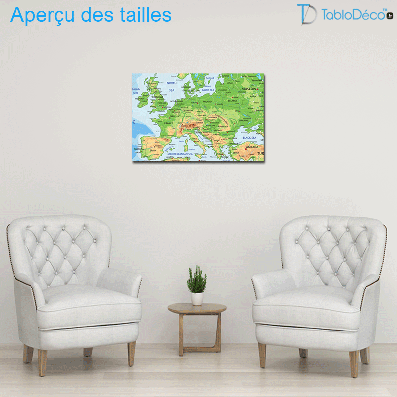 Aperçu des tailles du Tableau en liège - Carte d'Europe Classique