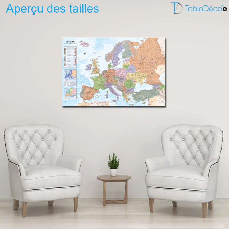 Aperçu des tailles du Tableau en liège - Carte d'Europe Détaillée