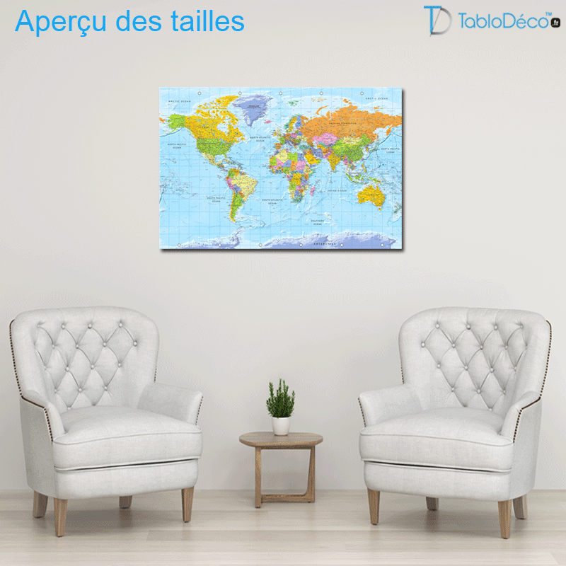 Aperçu des tailles du Tableau en liège - Planisphère Détaillé