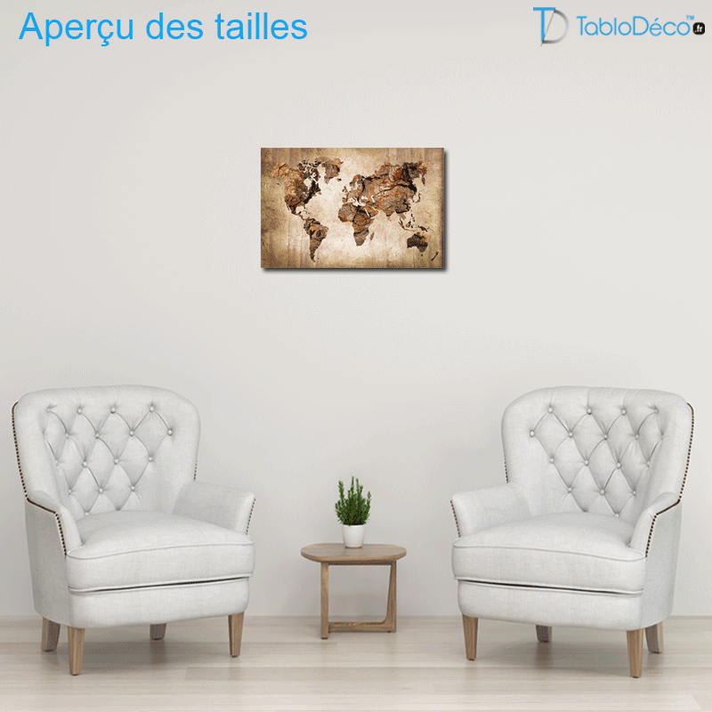 Aperçu des tailles du Tableau Carte du Monde effet bois