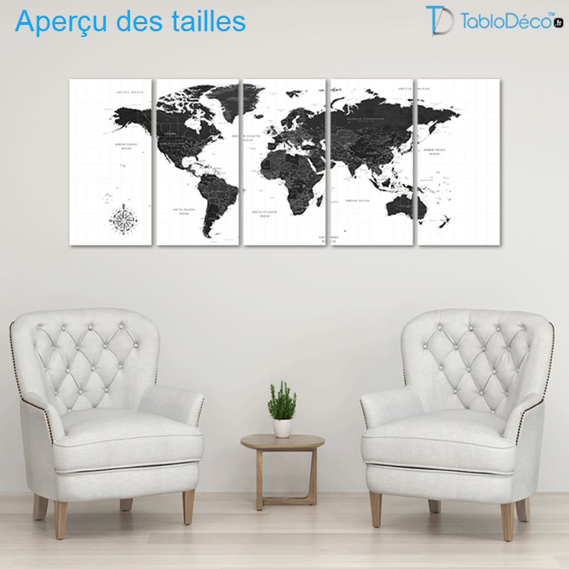 Tableau Planisphère Noir et Blanc 5 Panneaux