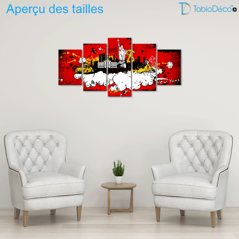 Aperçu des tailles du Tableau Pop Art New York en 5 panneaux