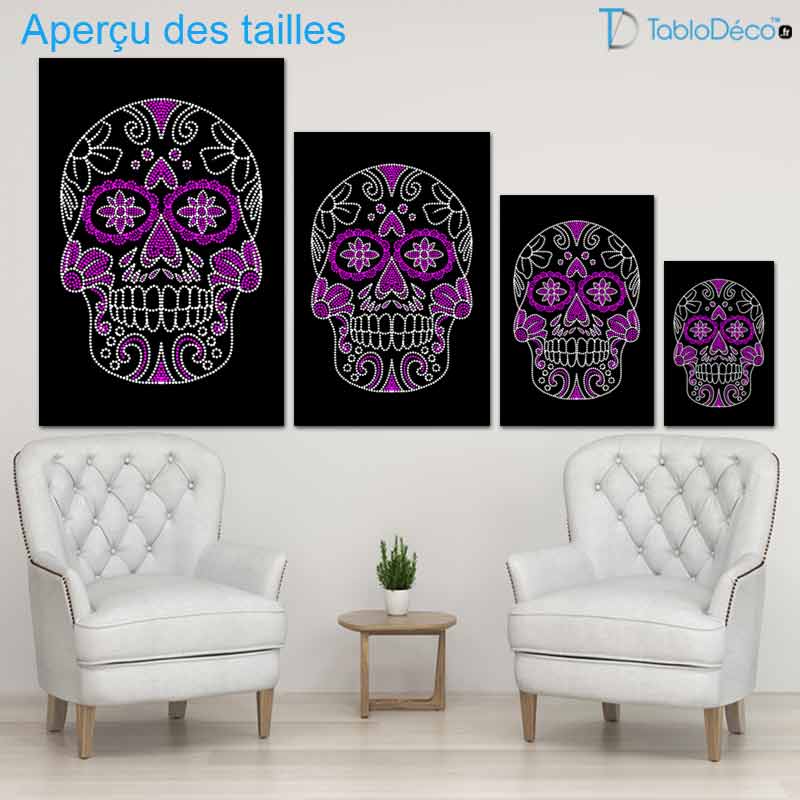 Aperçu des tailles du Tableau Tête de Mort Paillettes
