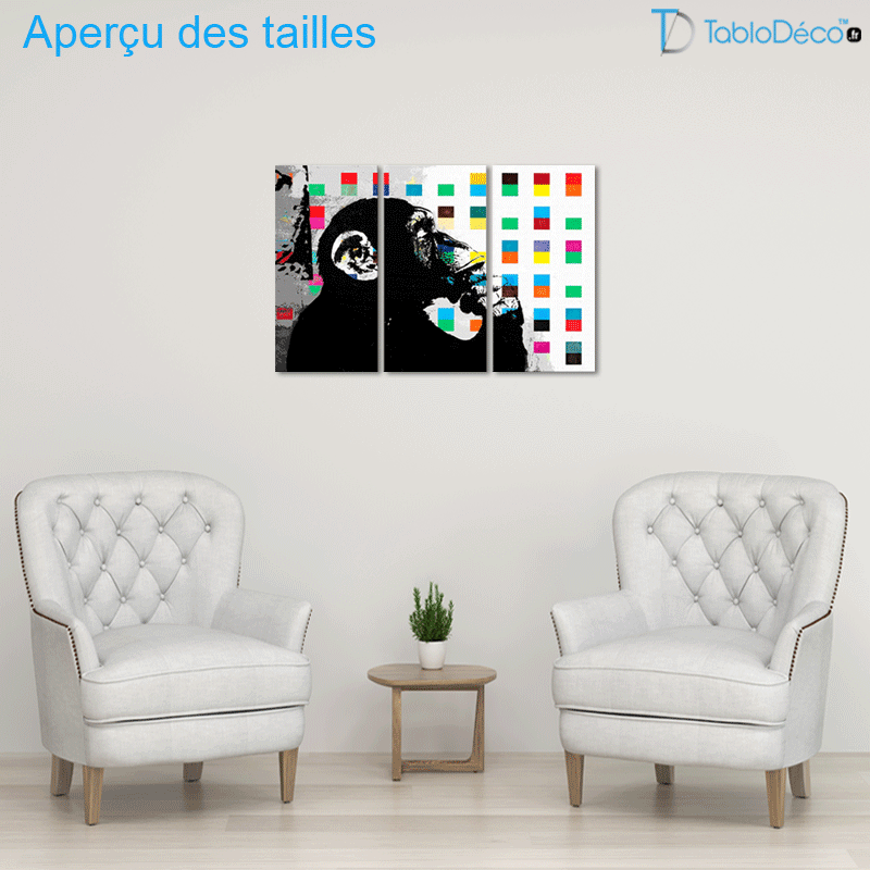 Aperçu des tailles du Tableau Triptyque Singe