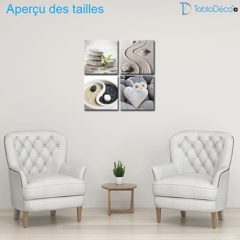 Aperçu des tailles des Tableaux Décoration Zen avec Sable et Cailloux en 4 parites