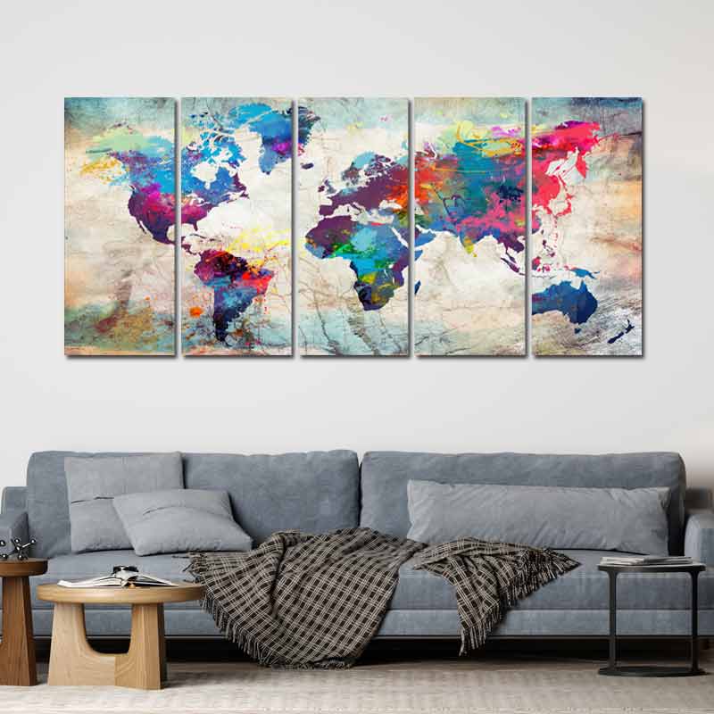 Grand Tableau Carte du Monde en 5 parties