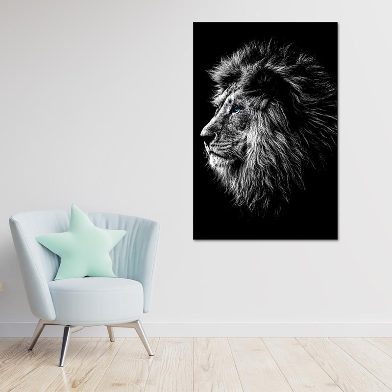 Grand Tableau décoratif sur toile d'un Lion Noir et Blanc