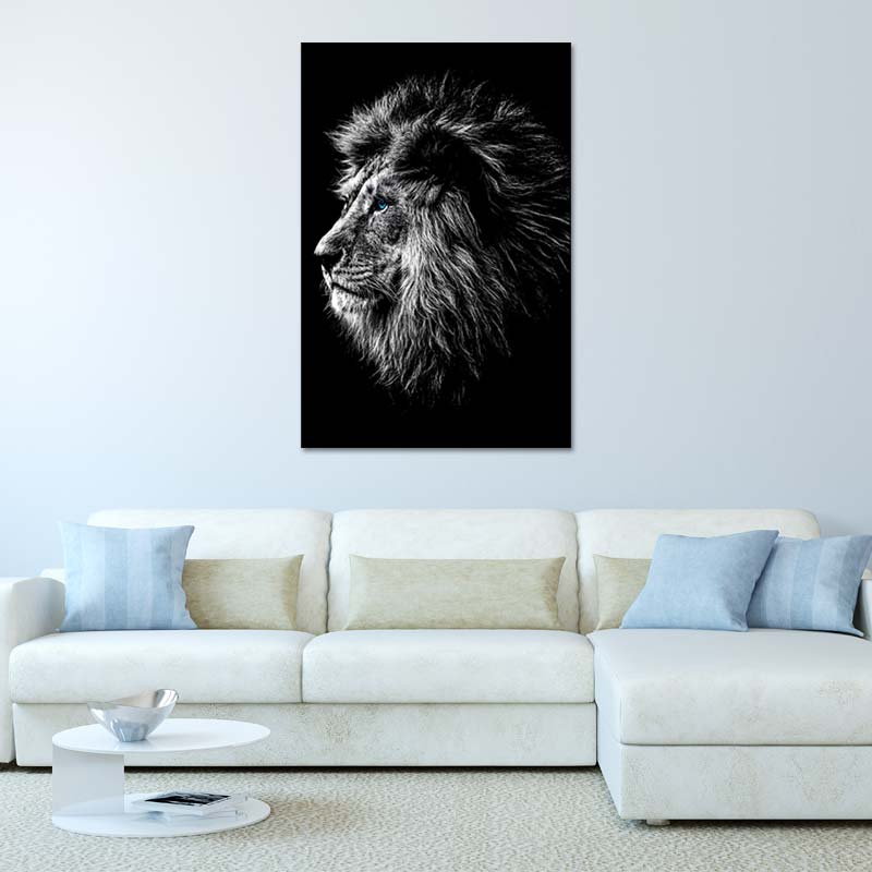 Acheter un Grand Tableau d'un Lion Noir et Blanc