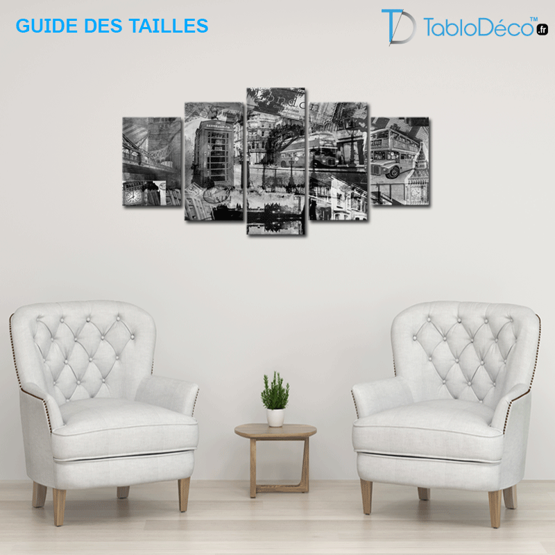 Guide des tailles du Tableau Londres Noir et Blanc en 5 panneaux