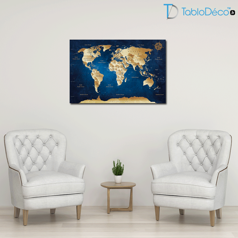 Guide des tailles du Tableau Carte du Monde Bleue