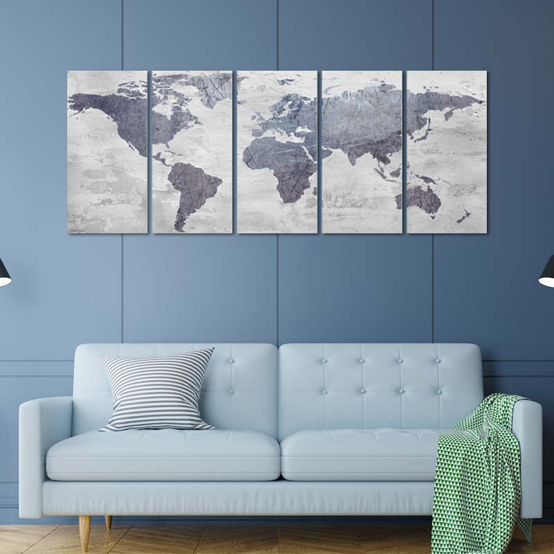 Impression sur Toile décorative d'une Carte du Monde en 5 parties