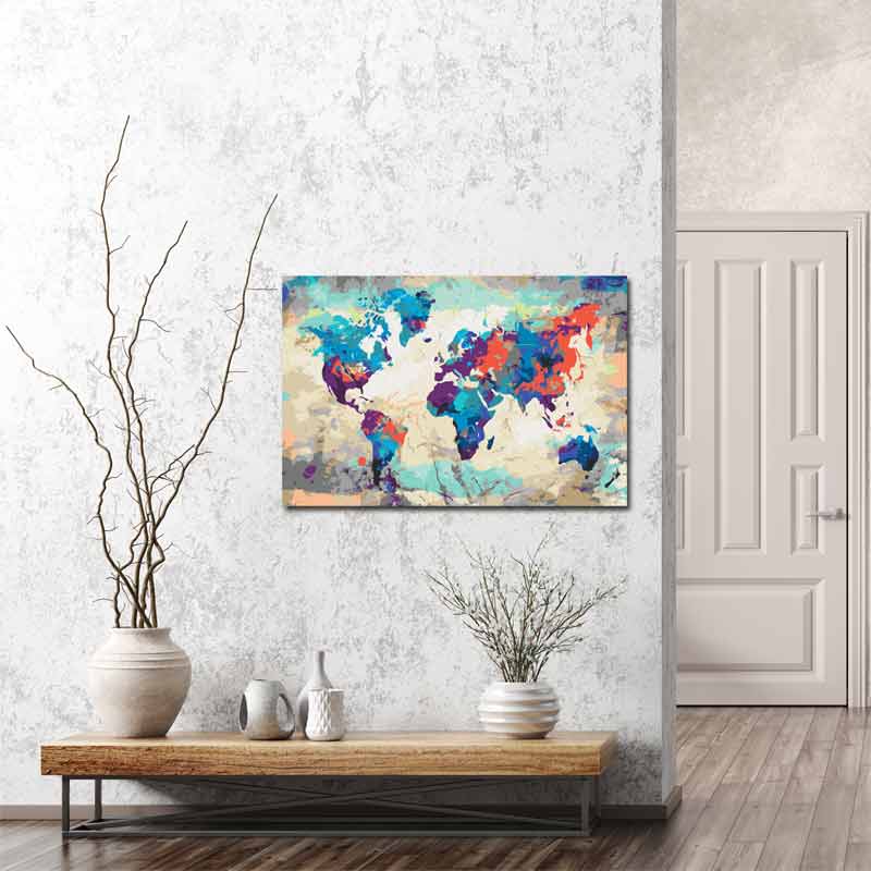 Peinture par numéro sur toile Carte du monde Colorée